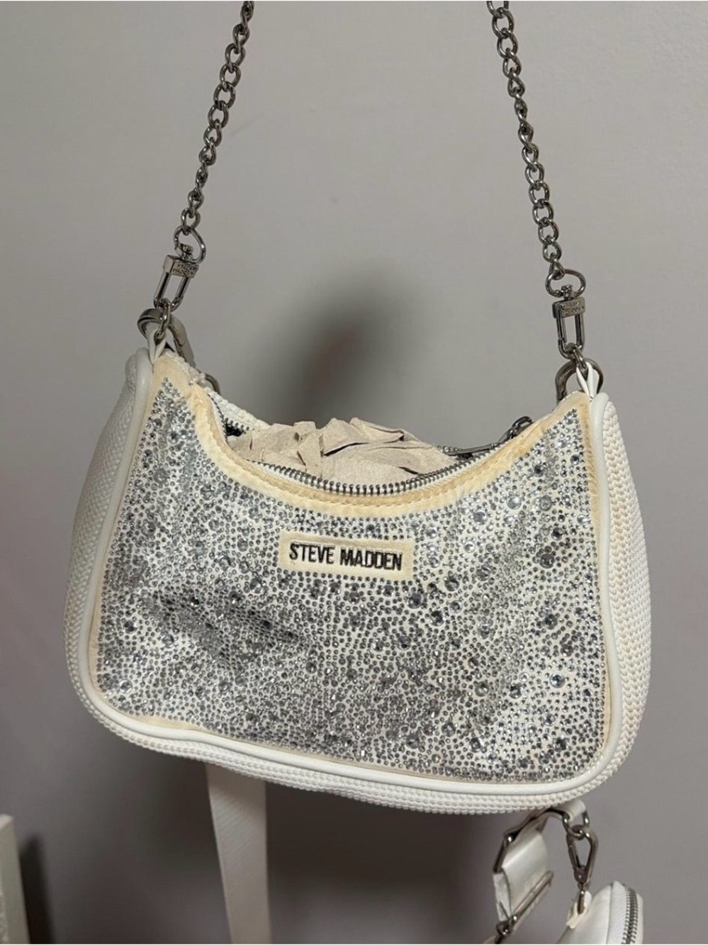 Steve Madden White and Silver Sequin Chain-Handle Shoulder Bag